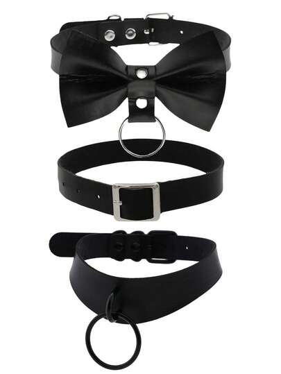 1/3Pcs Halloween Cool Steampunk Heart Shaped Gothic Goth Punk Rock Rivet Spike Studded PU Leather Choker Collar Necklace Sets For Women Lady Adjustable Cosplay Jewelry Night Club Party Costume Accessory Choker Gift Black