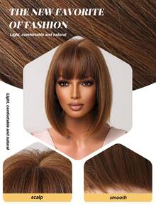 Elegant Stright Wig With Short Bangs High Temperature Fiber Rose Net Cap Versatile Styling - Suitable For Cosplay, Parties, And Music Festivals - màu nâu - Xem 3