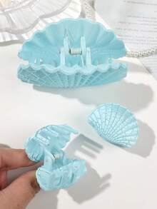 3pcs Blue Matte Crackle Texture Tiered Shell Hair Clips, Soft Ocean Vibe For Casual Hairstyles, Suitable For Spring/Summer Travel And Home Wear Summer Hair Accessories Beach Claw Clips Vacay Hair Claws,Holiday,Festival,Party - Baby Blue - View 6