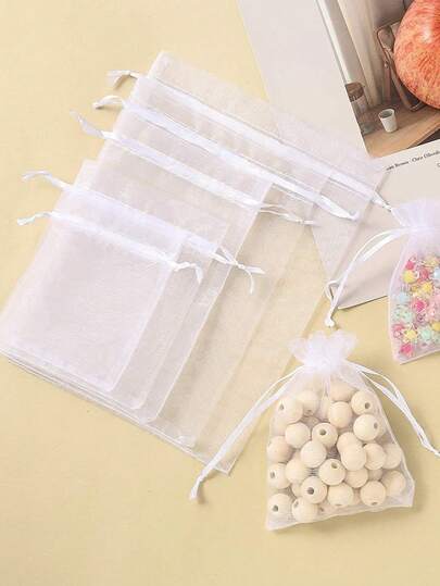 50个白色欧根纱礼品袋，束口首饰袋，派对婚礼回礼袋，适用于派对、珠宝、节日、家居装饰