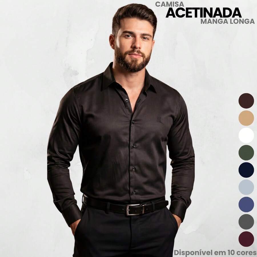 Men's Satin Shirt Premium Fabric Simple Regular Fit Button - Black - View 1