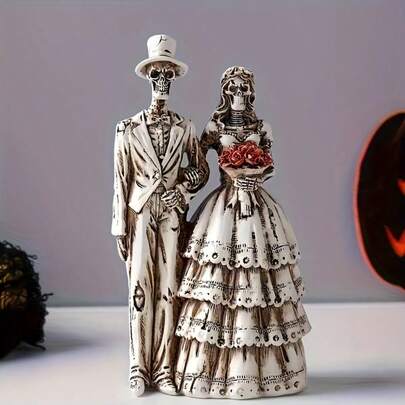 1 peça de estatueta de casal de caveiras - Decoração criativa para mesa, ideal para o Halloween e o Dia dos Mortos. Estátua de caveira do amor eterno - Decoração em resina estilo boêmio para casa e escritório, presente perfeito para o Halloween, Natal e Dia dos Namorados.