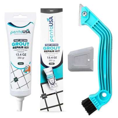 PentaUSA Large Grey Grout Filler And Grout Removal Tool Bundle - 134 Oz Fast Drying Grout Repair Kit, Restores Tiles Joints, Tile Grout Scraper Saw