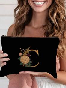 1pc A-Z Letter & Floral Print Cosmetic Bag, Modern Style Polyester Lightweight Travel Organizer - Multicolor - View 20