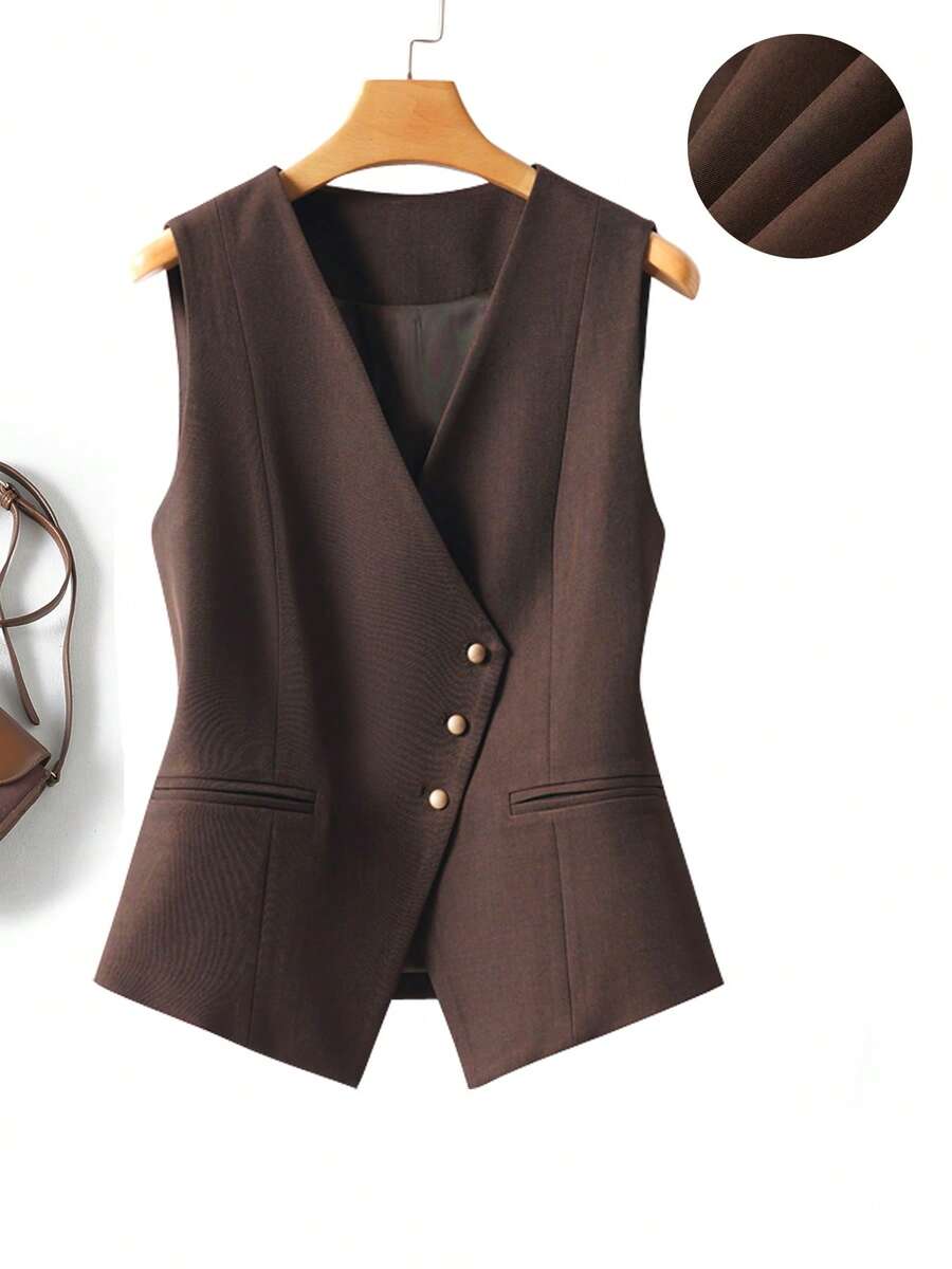 Top sin mangas de unicolor - Chaqueta de punto ajustada de primavera/otoño para mujer, blusa casual de patchwork - Café integral - Ver 1
