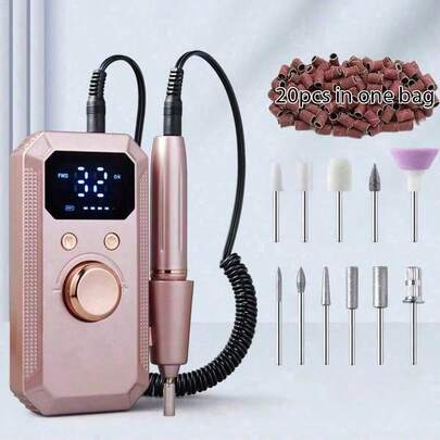 20,000转/分钟可充电电动美甲钻，专业便携式美甲锉机，适用于亚克力、凝胶美甲抛光，包含11个砂磨头和20个砂磨带，无线高速，适合美甲沙龙和家庭使用，是送给女性的绝佳礼物。
