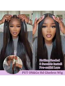 200% Ultra High Density Stright Wig - 13x6 HD Lace Front Human Blended Hair Ear To Ear HD Lace Frontal, Pre-Plucked Wear Go Glueless Wig For Women, Ultra Full Voluminous Curls & Secure Fit, No Glue & Ready To Wear - Natural & Black - View 9