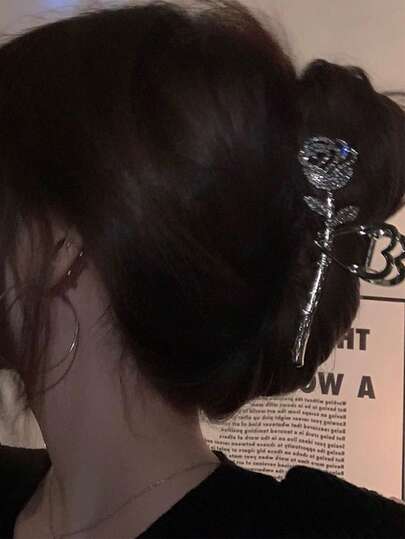 1PC Retro-Style Metallic Rose Flower Letter Double-Sided Hair Clip, Ins-Inspired Minimalist Heart-Shaped Updo Clip, Hair Claw