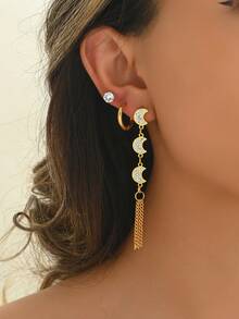 6件套不锈钢长流苏月亮耳环，时尚百搭女士首饰套装 - 多色 - 查看 2