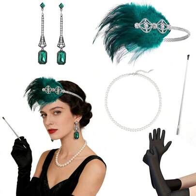 20s Flapper Girl Costume Accessories Set, Emerald Green Gatsby Feather Headband Jewelry Gloves Cigarette Holder For Themed Party