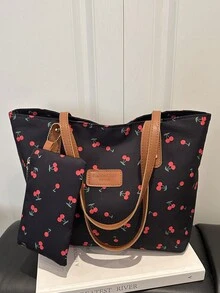 樱桃印花图案甜美风手提包 女包 新款大容量单肩包 通勤腋下包 赠送小包 - 黑色 - 查看 2