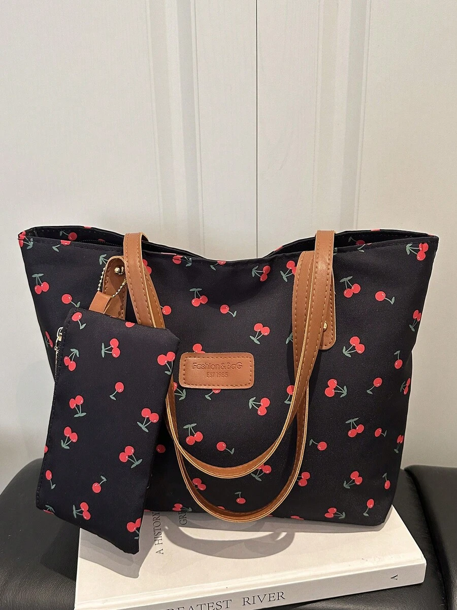 樱桃印花图案甜美风手提包 女包 新款大容量单肩包 通勤腋下包 赠送小包