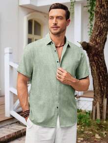 Mens Short Sleeve Linen Shirts Button Down Casual Summer Beach Tops For Daily Commute - 淺綠色 - 查看 2