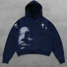 Manfinity Streetrush Men's Face & Letter Print , Casual Minimalist Graphic Streetwear Pullover Sweatshirt2025 - màu xanh hải quân - Xem 1