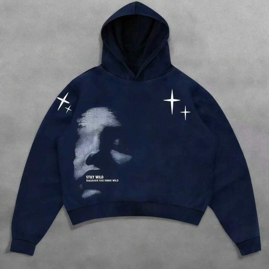 Manfinity Streetrush Men's Face & Letter Print , Casual Minimalist Graphic Streetwear Pullover Sweatshirt2025 - màu xanh hải quân - Xem 1