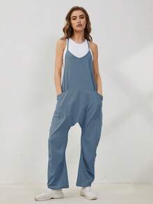 Women's Jumpsuit Romper Casual Sleeveless V-Neck Harem Overalls With Pockets - Stretchy Adjustable Straps Summer Beach Outfit - 藍灰色 - 查看 5