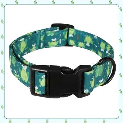 可爱卡通青蛙图案狗狗项圈，清新绿色宠物项圈，结实黑色扣环设计，防逃脱金属环，室内外皆宜，多种尺寸可选，自然风格宠物配饰，聚酯纤维材质