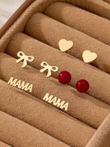 4 Pairs/Set Fashionable Delicate Bow & Heart Earrings Set, Gift For Valentine's Day & Mother's Day - Gold - View 1