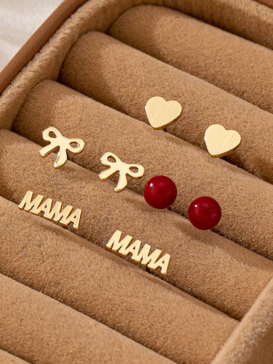 4 Pairs/Set Fashionable Delicate Bow & Heart Earrings Set, Gift For Valentine's Day & Mother's Day - Gold - View 1