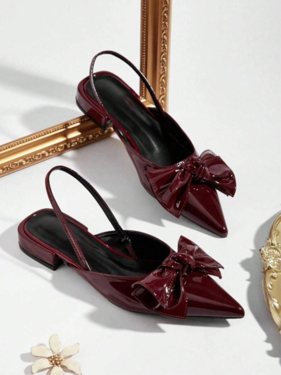 Geeyea Wine Red Glossy Bow Pointed Toe Slingback Flat Pumps, Women Patent Thin Back Strap Zero Heel Minimalist Wedding Autumn Daily Dress Shoes - 酒紅色 - 查看 1