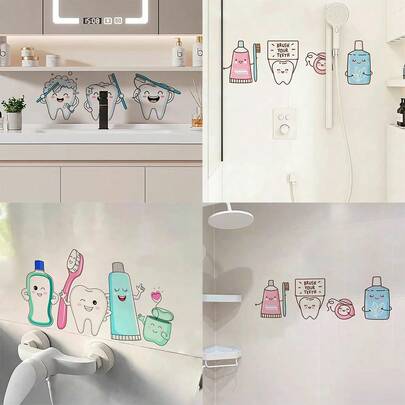 1pc Fun Smiling Teeth Wall Decal,Waterproof Vinyl "Brush Your Teeth" Quote Sticker For Mirrors, Tiles, And Walls,Removable Art Mural To Accent Bathrooms And Restrooms