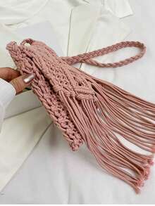 Tassel Woven Bag, Hollow Out Crossbody Bag, Personalized Shoulder Bag With Vacation Vibe - Pink - View 6