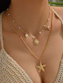 Bộ 2 dây chuyền chủ đề đại dương phong cách nghỉ dưỡng biển - hình sao biển, vỏ sò và ngọc trai (Dành cho nữ) - Vàng - Xem 1