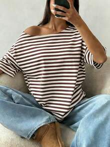 Plus Size Striped Classic Open Shoulder Loose T-Shirt, Fashionable Y2K Street Style Summer For Women, Casual White - White - View 2