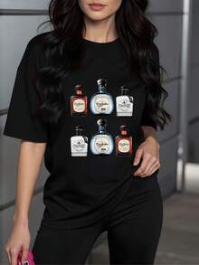 Botellas coloridas que representan la tradición mexicana del tequila y la alegría de compartir momentos especiales reflejando cultura y pasión artesanal camiseta de mujer 220g casual cómoda para uso diario - Negro - Ver 8