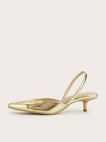 Women's Solid Color Kitten Heel Shoes, Elegant Pointed Toe High Heels, Fashionable Ankle Strap Open Toe High Heels - Gold - View 3