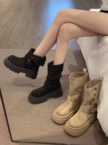 Damen Britischer Stil Leder Schnallen Motorradstiefel, Dicke Sohle Retro Wadenlange Stiefel erhöhen die Größe, schlanke Stiefel, Veloursleder Doppel-Trage Stiefel, geeignet für Pendler Outfits - Schwarz - Übersicht 6