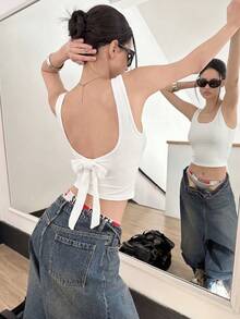 Sexy Spaghetti Strap Cropped Tank Top, Fitted Bowknot Sleeveless Camisole For Women - White - View 5