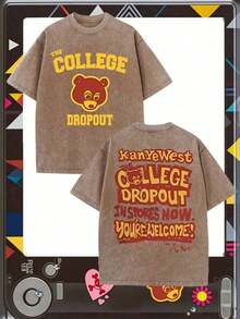 The College Dropout Bear & "KanyeWest THE COLLEGE DROPOUT IN STORES NOW" Graphic Printed Casual Style Men's Casual Wear 230g Washed Cotton Round Neck Short Sleeve Comfortable & Breathable Double - Sided Printed Tee For Summer High - Quality Design - 咖啡棕 - 查看 1
