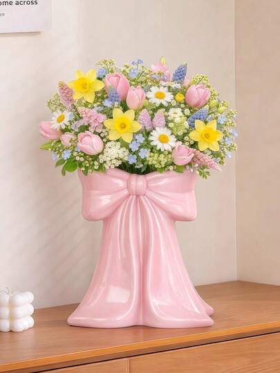 1 pieza Jarrón con forma de lazo floral, estos elegantes jarrones blancos y rosas son perfectos para exhibir flores en tocadores, salas de estar o mesas de noche. Ideal para agregar un toque dulce y elegante a la decoración del hogar femenina.