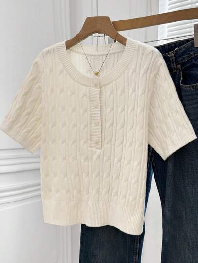 Suéter de punto con botones y nudo retorcido de unicolor para mujer de talla grande