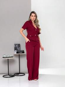 New Tailored Blouse And Wide-Leg Trousers Set With Working Buttons C6606 - Burdeos - Ver 3
