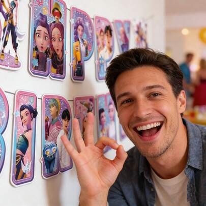 1 faixa de festa temática coreana de caçadores de bruxas, estilo aleatório, decoração descartável com tema de anime, ideal para aniversários, festas temáticas e decoração de ambientes. (Estilos aleatórios)