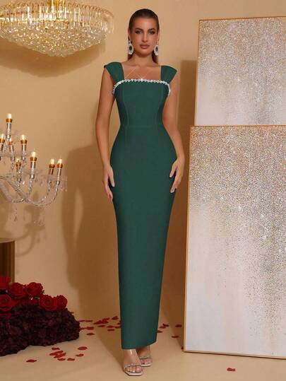 Glamorous Faux Pearl & Rhinestone Embellished Off Shoulder Dress, Elegant Women's Birthday Party, Wedding Guest, Formal Dinner Gown