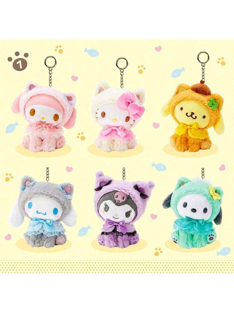 SANRIO 蹲腿系列包括儿童毛绒娃娃、黑耳挂件、旋律包挂件、生日礼物、抱枕、圣诞派对礼物、伴手礼、家具、卧室装饰，适合亲子互动，可作为娃娃纪念品和情人节礼物。