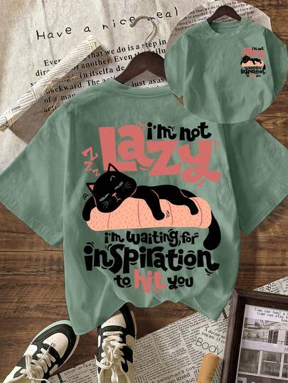大码休闲圆领短袖懒猫印花T恤，夏季