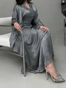 Nueva Abaya de moda para mujeres de Oriente Medio con decoración exquisita de rhinestones (patrones aleatorios de rhinestones) Primavera - Gris - Ver 5