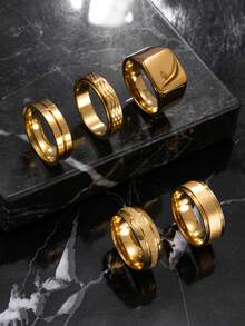 5件套时尚不锈钢镀金男士戒指套装，包含蛇皮哑光方形元素，适合男士日常佩戴、节日、约会等场合。 - 金色 - 查看 10
