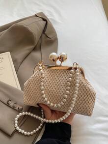 1件米色新款时尚单肩夹扣珍珠贝壳包，女士编织沙滩斜挎包，完美沙滩吻锁顶部手提包 - 米色 - 查看 4