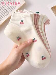 1/5 pares de calcetines de tobillo para mujer con patrones de cerezas y fresas rosas, antideslizantes, aptos para todas las estaciones - Multicolor - Ver 6