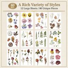 80 piezas/12 hojas Pegatinas de flores Flores prensadas y secas transparentes PET para scrapbooking, pegatinas de flores naturales para scrapbooking, planificador, diario desordenado, diario de balas - 80 piezas/12 hojas - Ver 3