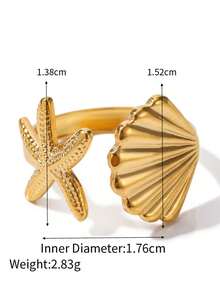 1pc 18K Gold Plated Stainless Steel Elegant Bohemian Geometric Starfish & Shell Adjustable Open Ring, Suitable For Women's Daily, Festival, Beach Vacation Wear, Hot Selling Summer Jewelry Gift - Multicolor - View 4