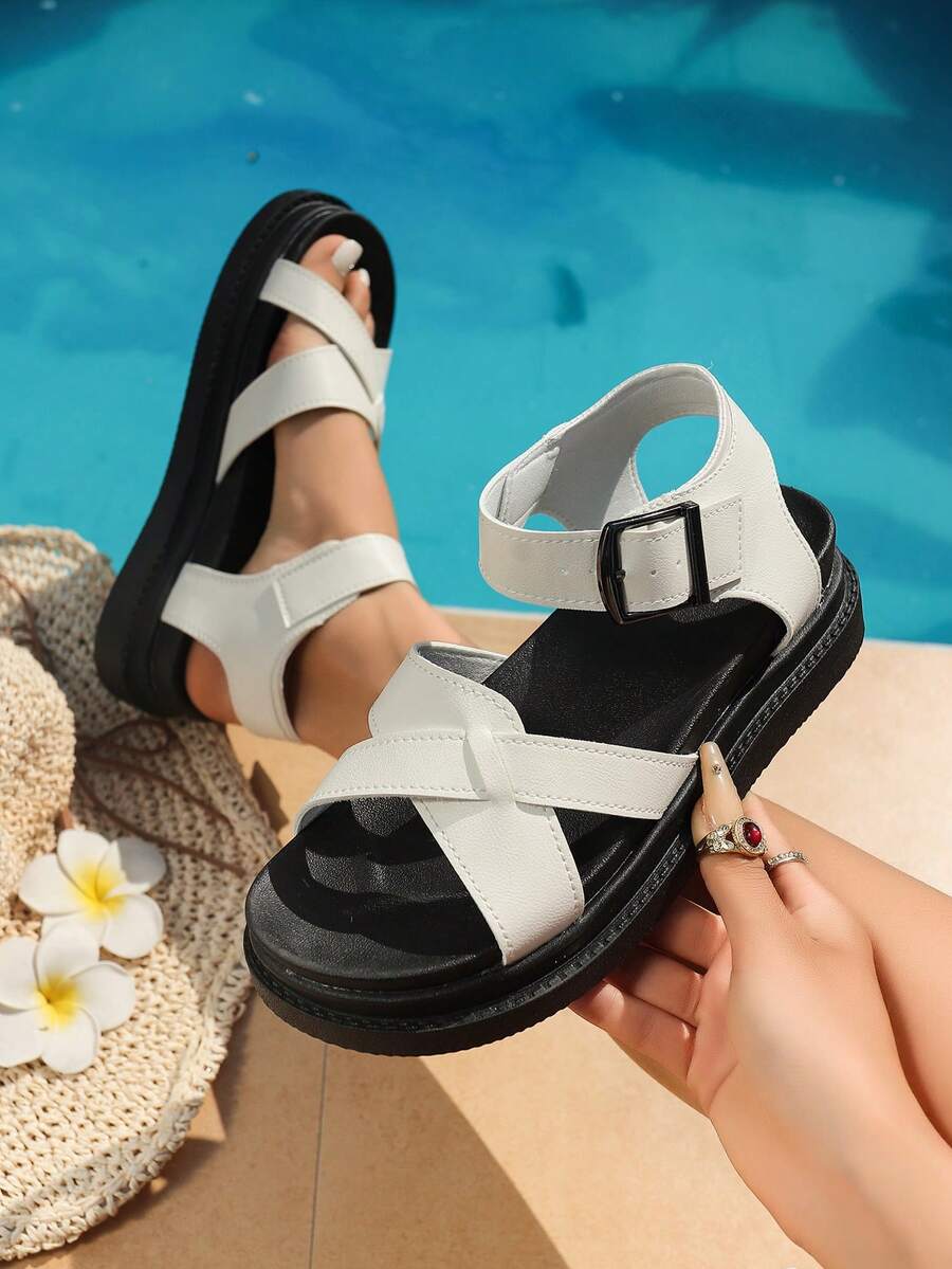 Sandalias de mujer de estilo minimalista con suela gruesa y cordones, sandalias casuales de talla grande, zapatos de playa, sandalias de estudiante, cómodas sandalias planas con plataforma, sandalias planas de punta abierta con estilo retro, zapatos casuales multifuncionales de talla grande, zapatos de verano, sandalias de mujer de estilo británico de cuero, zapatos para la lluvia, zapatos de trabajo, zapatos casuales cómodos, sandalias Birkenstocks, sandalias deportivas, sandalias de ocio, sandalias con suela gruesa de estilo cargo, sandalias de moda para exteriores - Blanco - Ver 1