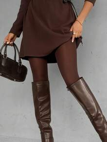 1 Pair Women's Dark Brown Velvet Pantyhose, High Elasticity Warm Slimming Tights, Suitable For Daily Casual Wear - Brown - View 4