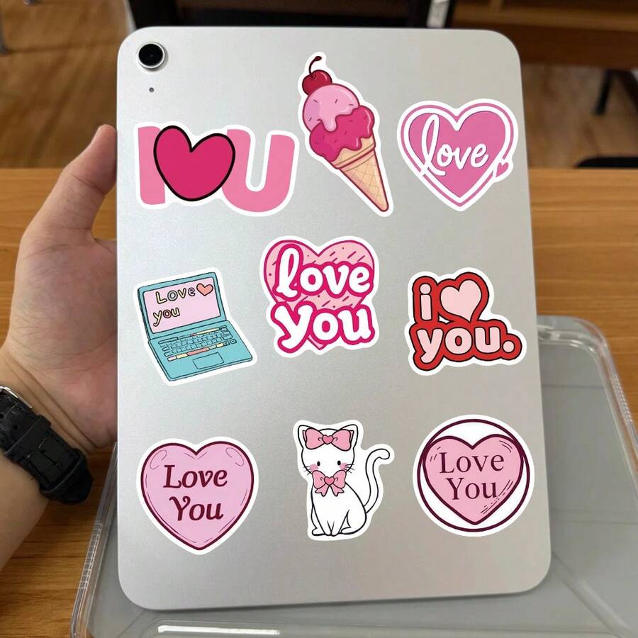 50pcs Heart Shaped Stickers For Decorating Phone Cases, Notebooks, Diaries, Planners, Guitars, Skateboards, Valentine's Day Gifts - Love - View 1