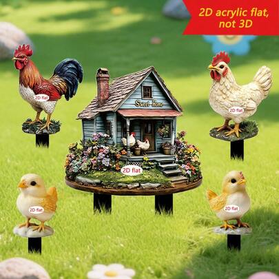 Bộ 5 cọc trang trí sân vườn hình gà trống và gà mái bằng acrylic, thích hợp cho nghệ thuật sân vườn, cây cảnh trong chậu, trang trí bãi cỏ và làm vườn, trang trí ngoài trời, hình 2D.